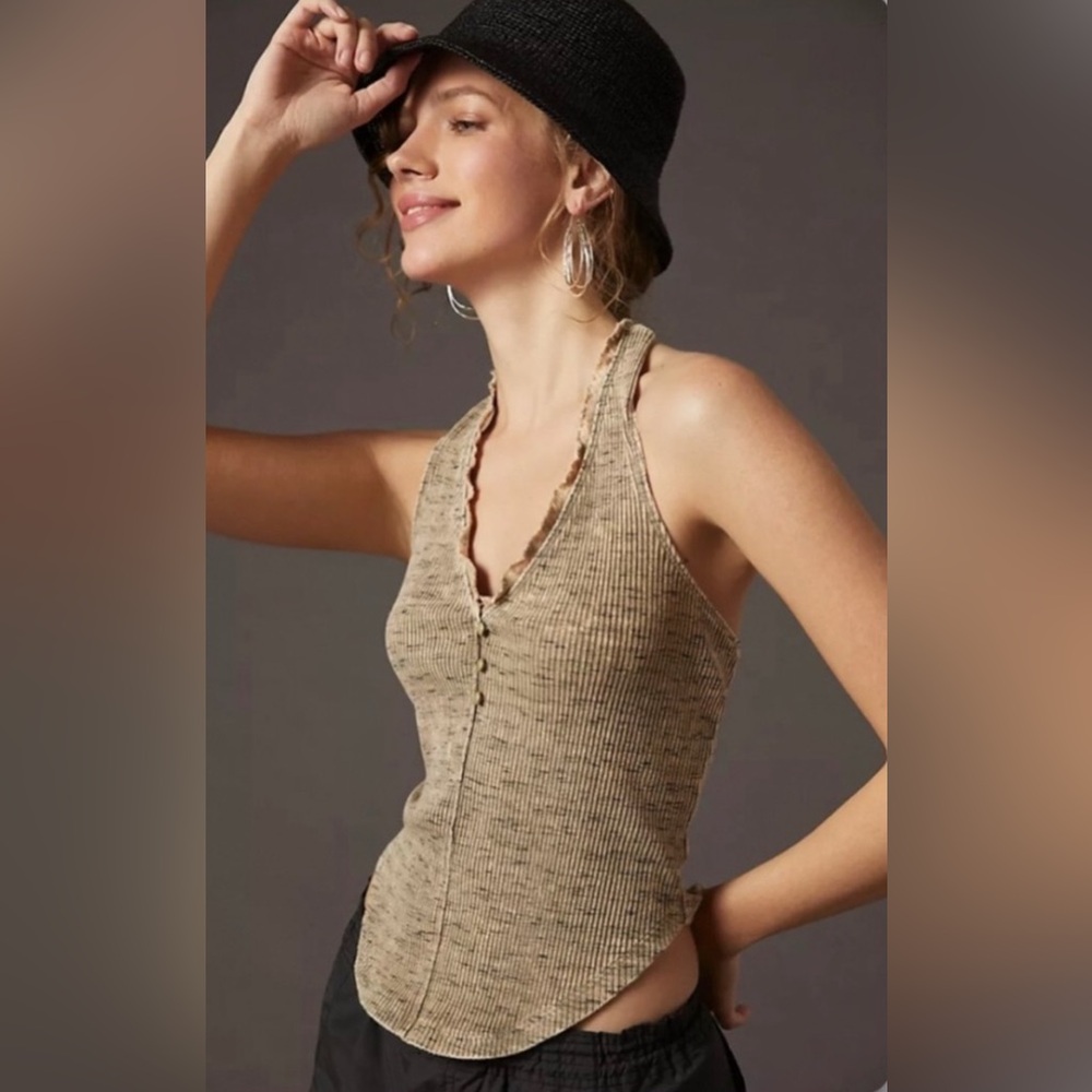 Pilcro Beige Ribbed Halter Tank with Scallop Edge